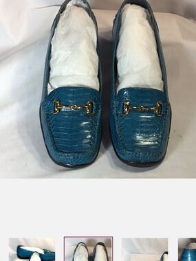 Bellini Teal Blue Croc-Embossed Leather Loafers with Gold Horsebit